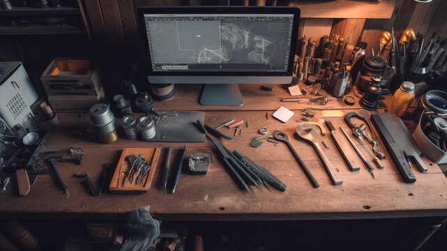 A desk with a computer and tools and instruments on a workbench of Workshop of a locksmith. generative ai.
