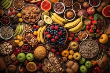 Top view background of fruits, veggies, fast food, sweets, and pastry emphasizing healthy vs unhealthy diets. Generative AI