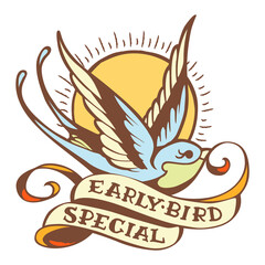 Hand-drawn bird carrying the label Early-bird Special, with a sun in the background, isolated on white background