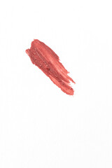 Nude ipstick smear , lips make up and cosmetic swatch on white isolated background.