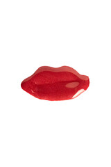 Red lipstick or gloss smear in lips shape on white background.Original make up swatch