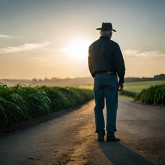 ai-generated illustration of a farmer walking out amongst his crops