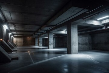 Fototapeta na wymiar Underground warehouse vibe with sloping concrete walls and fluorescent lighting. Generative AI