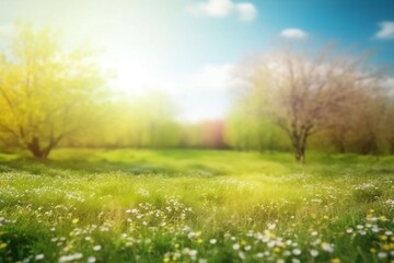 Obraz na płótnie Canvas Spring nature background with blooming glade, trees, and blue sky on a sunny day in a beautiful blurred style