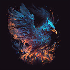 Fototapeta premium phoenix with blue wings emerging from fire , rebirth . Enlightenment and refreshment. Feeling of freedom.