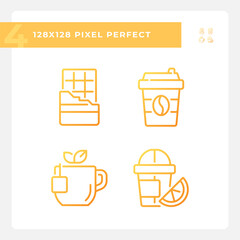 Drinks and desserts pixel perfect gradient linear vector icons set. Cafe menu. Coffee shop. Tea time. Beverage aisle. Thin line contour symbol designs bundle. Isolated outline illustrations collection