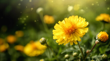 Close up of beautiful yellow flowers and bright blur nature background with copy space. Generative Ai
