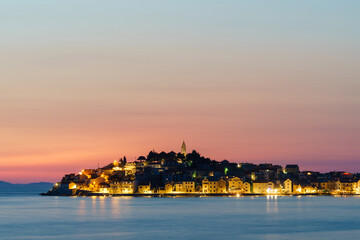 View of the old town of Primošten, Croatia, at dusk