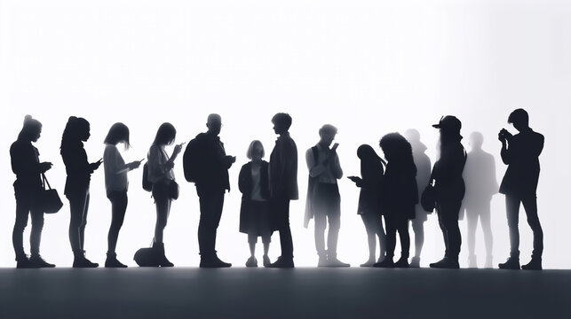 Silhouettes of various people looking at smartphones. Black and white image of people talking on phone. People communicate via SMS. Generative AI. High quality illustration