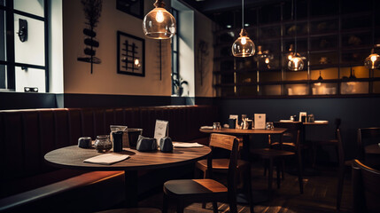 Fototapeta na wymiar Modern Restaurant with Welcoming Atmosphere - Stylish Furniture - Generative AI