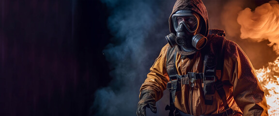 Fireman in protective suit, helmet and gas mask extinguishing flame. Dark background with smoke and fire. Banner, Copy space. Generative AI. High quality illustration