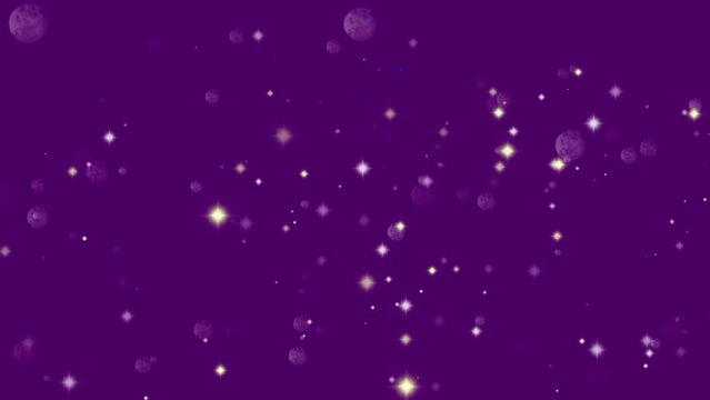 Floating star and bokeh particles on purple. Abstract celebration background with floating star and bokeh particles.