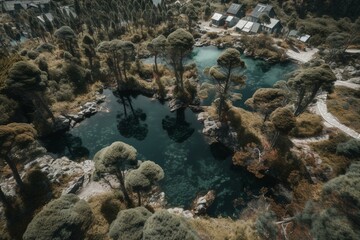Fototapeta na wymiar Bird's eye view of Fanal in Madeira, featuring a pine-fringed lagoon. Generative AI