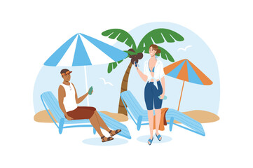 Obraz na płótnie Canvas Travel blue concept with people scene in the flat cartoon design. Two friends decided go to rest by the sea. Vector illustration.