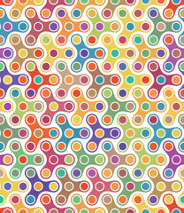 Seamless repeating pattern with geometric rounded elements and circles. Graphic composition of multicolored metaballs on a white background. Colorful retro-style textile texture. Vector illustration.