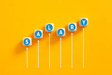 Salary raise or wage increase concept. The word salary on wooden cubes with an increasing graph.