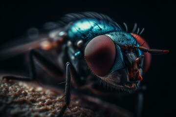 Close-up of a blue fly with red eyes. Generative AI