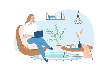 Workplace blue concept with people scene in the flat cartoon style. Girl works in a comfortable office with a laptop. Vector illustration.