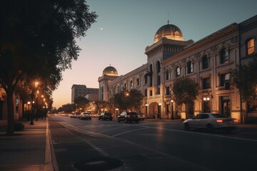 Dusk scene of Fresno's historic city center in California, USA. Generative AI