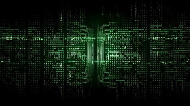 Green binary code. Number matrix background. Computer cyber hacker and internet information security. Technology, Hacker computer,  Algorithm, Programmer, Hud interface and Coding. Generative AI