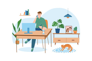 Workplace blue concept with people scene in the flat cartoon design. Man solves important business issues at home. Vector illustration.