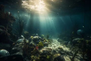 Foto op Aluminium An underwater scene polluted with plastic trash and debris  highlighting environmental issues and the need for recycling. Generative AI © Ysabel