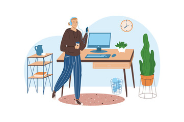 Workplace blue concept with people scene in the flat cartoon style. Girl came to her workplace with coffee. Vector illustration.