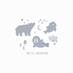 Cute cartoon arctic animais in doodle style. Arctic adventure vector print with bear, seal, walrus, stars, moon 