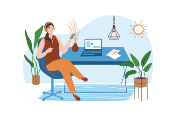 Workplace blue concept with people scene in the flat cartoon design. Worker decided to listen to music to relax and then continue working. Vector illustration.