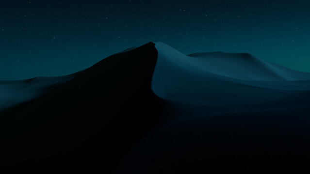 Night Landscape, with Desert Sand Dunes. Peaceful Modern Background with Green Gradient Starry Sky