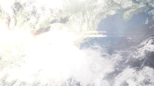 Earth zoom in from outer space to city. Zooming on Bridgewater, New Jersey, USA. The animation continues by zoom out through clouds and atmosphere into space. Images from NASA