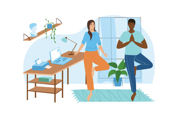 Workplace blue concept with people scene in the flat cartoon design. Woman show to her boss how to do yoga exercises for relaxing. Vector illustration.