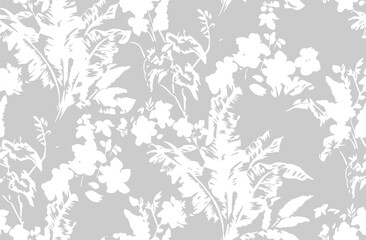 Fall winter colors flowers new fashion.  Abstract Digital Paint Meadow plants, leaves, leaf and small daisy Floral silhouettes Seamless Pattern Isolated Background perfect for textiles and decoration 