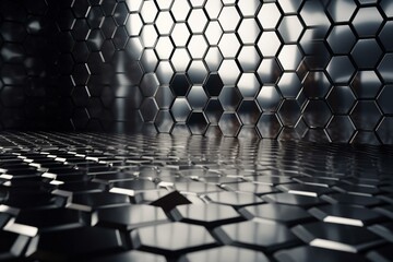Glossy silver hexagonal background made of polished tiles and 3D blocks. Rendered. Generative AI