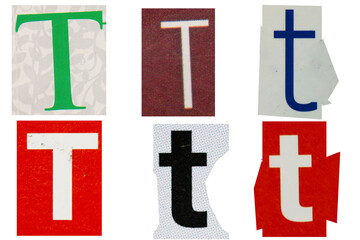 Fototapeta Letter t magazine cut out font, ransom letter, isolated collage elements for text alphabet, ransom note obraz