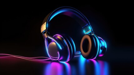 Futuristic Headphones with multicolored Neon lights Generative AI.
