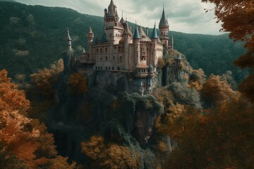 A castle surrounded by dense foliage and a painted landscape, portraying fantasy art. Generative AI