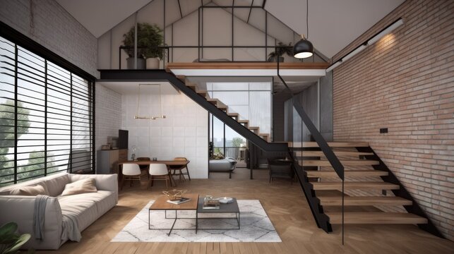 Loft Home Background. Contemporary Interior Design. Generative AI.