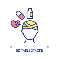 Head trauma treatment RGB color icon. Medication for injured patient. Strong headache treatment. Medical remedies for pain. Isolated vector illustration. Simple filled line drawing. Editable stroke