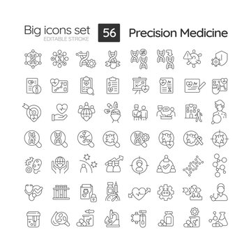 Precision medicine linear icons set. Studying genome to prevent disease. Innovative treatment technology. Customizable thin line symbols. Isolated vector outline illustrations. Editable stroke