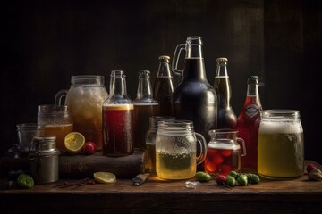 Assorted alcoholic drinks including beer, spirits and hop-based beverages served in various containers such as glasses and steins. Generative AI
