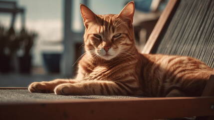 Cat resting on a sun lounger. generative AI