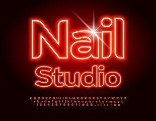 Vector glowing Emblem Nail Studio. Red Neon Font. Bright Electric Alphabet Letters and Numbers. 