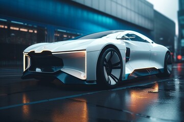 Sleek white and blue electric car with futuristic design. Generative AI