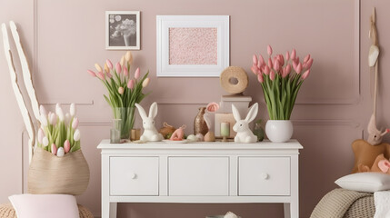 Interior design of easter living room interior with mock up poster frame, stylish white sideboard, hyacinth, easter bunny, vase with dried flowers and personal accessories. Home decor. Template.