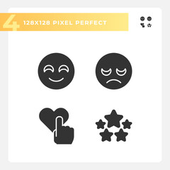 User feedback about service pixel perfect black glyph icons set on white space. Reactions and evaluation of business. Silhouette symbols. Solid pictogram pack. Vector isolated illustration