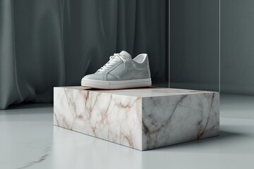 Fototapeta na wymiar Sleek marble podium, perfect for showcasing shoes and bags in a trendy and minimalist manner. Abstract, bright 3D rendering. Generative AI