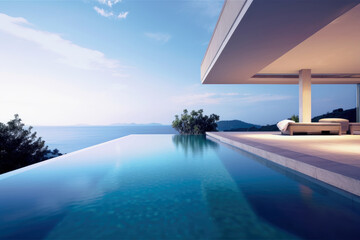Tropical Home Island Villa House With Modern Infinity Swimming Pool At Twilight - Generative AI Image