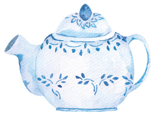 Illustration cute Kettle cartoon.Tea pot painted with watercolor.Vintage style.
