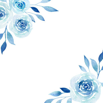 Watercolor coner frame of blue watercolor roses on a white background.